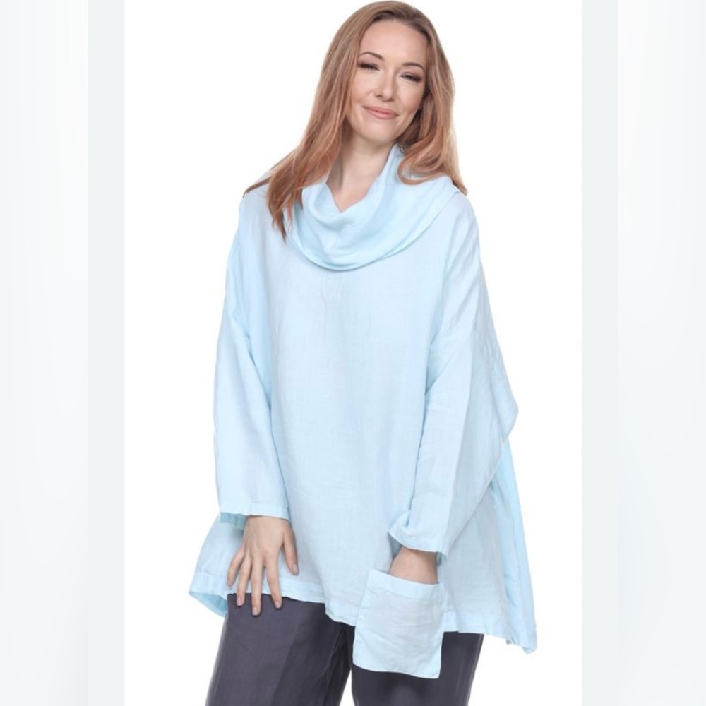 Match Point Cowl Neck Oversized Linen Tunic Blue Size Small